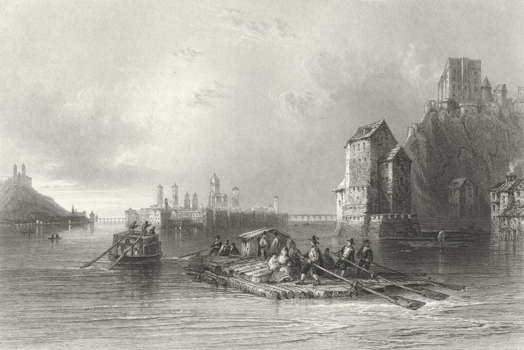 PASSAU. Approach Linz. raft boat building Mtns  1840 old antique print picture
